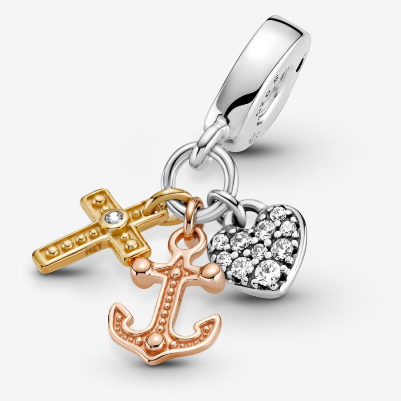 Pandora Triple-tone Cross, Heart, & Anchor Dangle Charm Tri-tone | 10548-CUXM