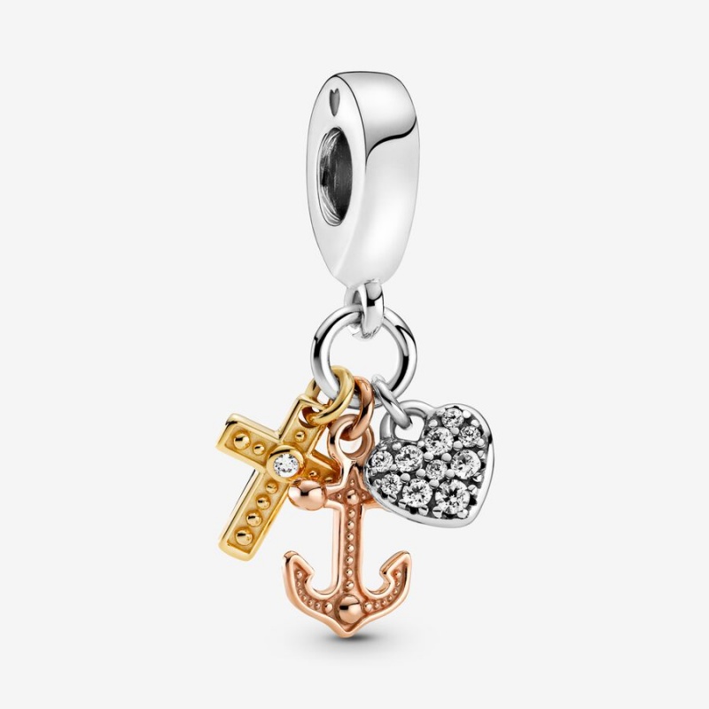 Pandora Triple-tone Cross, Heart, & Anchor Dangle Charm Tri-tone | 10548-CUXM