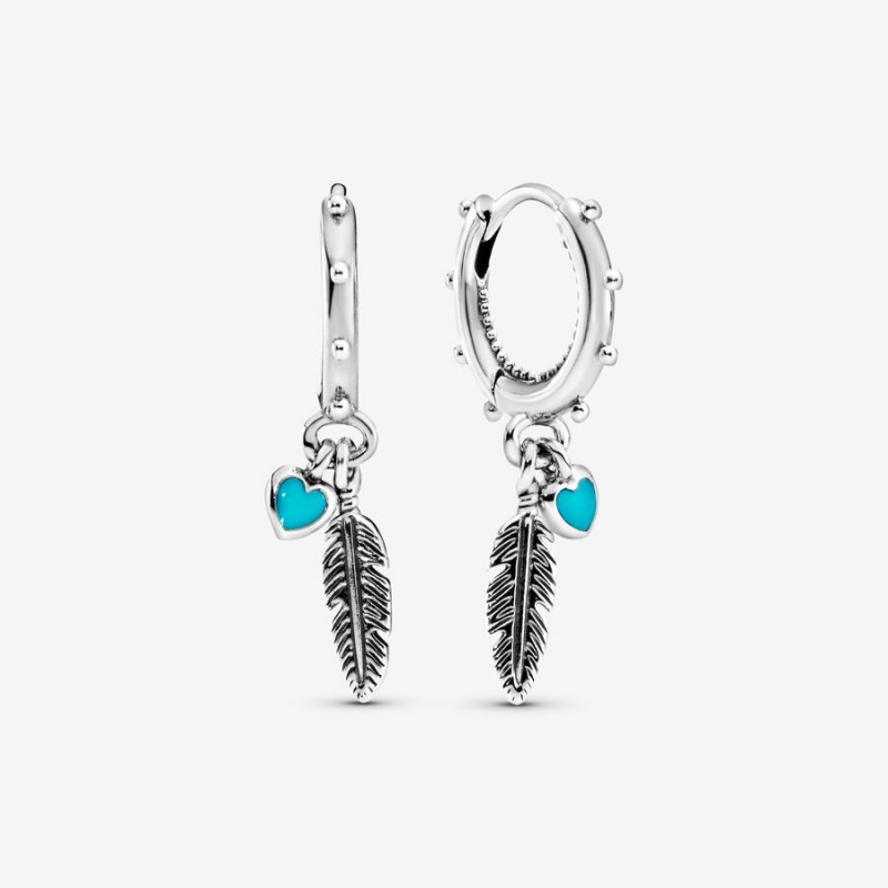 Pandora Turquoise Hearts and Feather Hoop Earrings Sterling Silver | 26418-AQDE