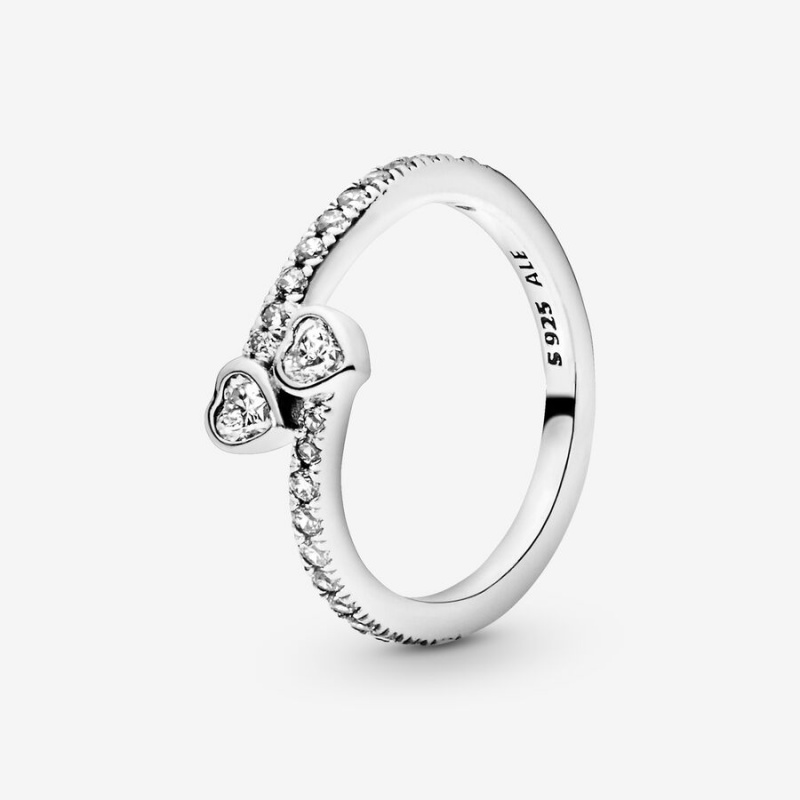 Pandora Two Sparkling Hearts Ring Sterling Silver | 65130-JXKB